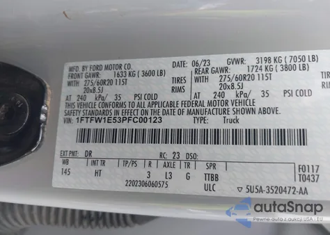 2023 Ford F-150 Lariat z USA, uszkodzony, nr VIN 1FTFW1E53PFC00123